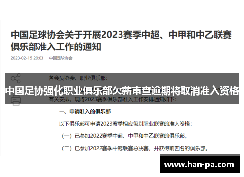 中国足协强化职业俱乐部欠薪审查逾期将取消准入资格 中国足协强化职业俱乐部欠薪审查逾期将取消准入资格